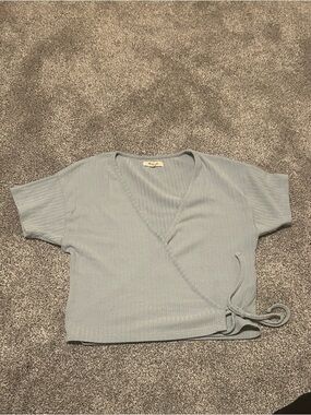 Madewell Light Blue Ribbed Wrap Crop Top